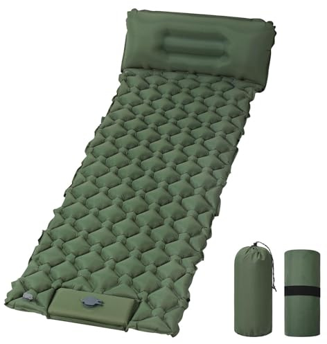 AUYAO Colchón Hinchable, 190cmX60cmX5cm Colchón Autoinflable con Bomba de Pie, Colchón Inflable Individual con Almohada, Colchoneta de Dormir para Camping, Viajes, Exteriores, Playa, Verde