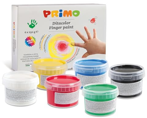 Morocolor PRIMO, Témpera para pintar con los dedos en lata, 6 colores, témpera lavable para niños, colores de témpera para dedos, frascos de 250gr cada uno, alta pigmentación, Made in Italy