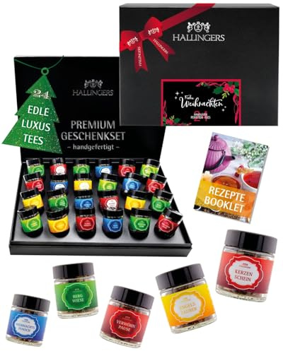Hallingers Genuss Manufaktur Tee Weihnachts-Geschenk-Set - 24 Sorten premium loser Tee Probierset in edler Geschenkbox mit Rezept-Booklet Frohe Weihnachten, Weihnachten für Frauen Männer