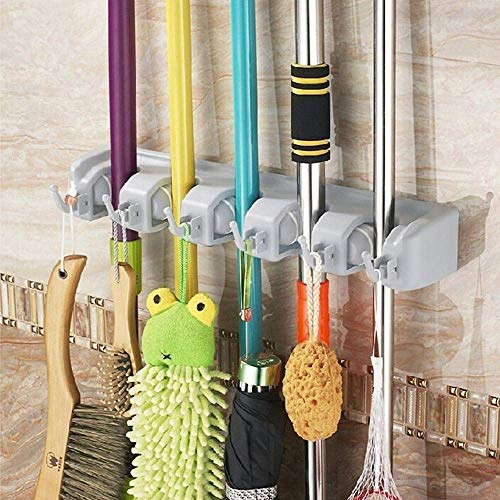 Gearmax Mopp und Besenhalter, Wandorganizer, 5 Positionen mit 6 Haken, Kunststoff, Stark belastbar, 41 x 6 x 8 cm, für Haus, Schule, Stadion, Krankenhaus, Hotel, Restaurant, Post, Bank, Geschäft