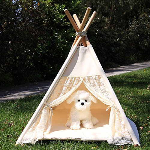 Lily&her friends -Haustier Tipi, Baumwoll-Leinen-Zelt für Hunde (Welpen) und Katzen, waschbares, Wigwam, tragbare Hundezelte, Haustierhäuser von indischem Design mit dickem Kissen (Beige,Spitze,groß)
