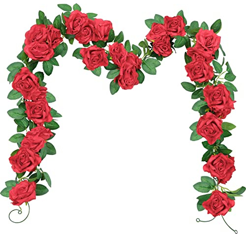 SHACOS 3 Stück künstliche Rosengirlande, Seidenblumen, rote Seidenrosen, gefälschte Reben hängende Rosen, Efeu-Pflanzen, für Party Hochzeit Haus Bogen Dekoration, 600 cm