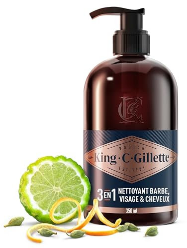 Gillette King C Nettoyant 3-en-1 Pour Barbe, Visage Et Cheveux, Revitalise Et Nettoie En Profondeur, Conçu Pour La Routine De Soin Quotidien, Doté D’Un Parfum Masculin, Formule Avec De L’Huile D’Argan