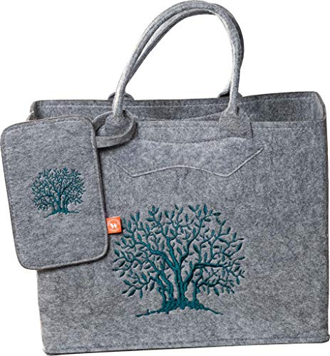 Schöne Filz Tasche 3553/56/46B mit Handytasche H38x20x30cm gestickter Baum Grün