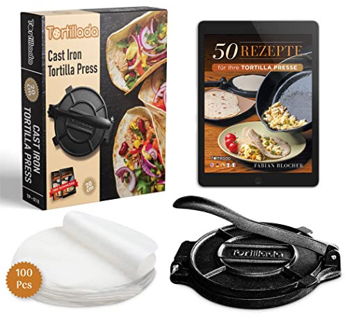 Tortillada – Tortillapresse aus Gusseisen + E-Book mit 50 Tortilla Rezepten + 100 x Pergamentpapier (20cm)