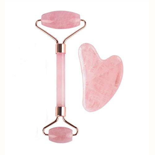 Lanchamp Jade Roller und Gua Sha Massageset Handheld 100% natürliche Rosenquarz Jade, Facial Roller für Falten Anti Aging Eye Face Neck Healing Schlankheitsmassagegerät