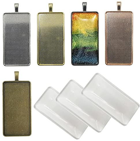 DUGYIRS 15 Stück Rechteckige Anhänger Tabletts mit 15 Stück Transparente Glasfliesen Cabochon für Schmuckherstellung Fotoschmuck (51mm x 25mm)