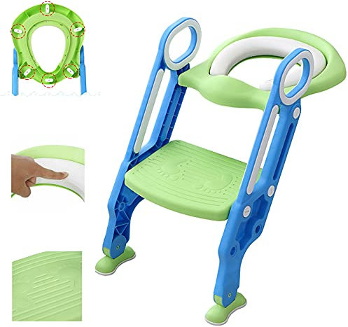 Toilettentensitz Linder, Klappbar Töpfchentrainer Kinder-Töpfchen Sitz für Kinder Toiletten Training mit Leiter und Griffe, Justierbarer Töpfchen-Sitz, 75kg Kapazität (Grün)