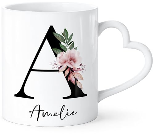 SpecialMe® Tasse Buchstabe Monogramm personalisiert mit Namen Initiale Herzhenkel Blumen-Motiv persönliche Geschenke Weiss Herz-Tasse