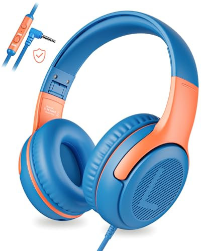awatrue Kids Headphones Wired with Mic, Toddler Headphones with 85/94dB Volume Limit, Sharing Funtion,HD Sound,3.5mm Jack,Foldable Over Ear Childrens headphones for Boys/Phone/Tablet/School-OrangeBlue