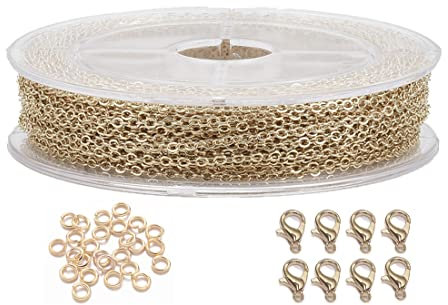 MAHAVIMOKSA 1 Roll 40Ft 2.2X1.7Mm Cable Link Jewellery Chain with Lobster Clasps Jump Rings for Necklace Earrings Bracelets Jewelry Making Art Craft (KC Gold)