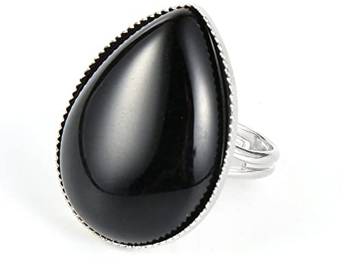 ASDFY Natürlicher Schwarzer Onyx-Ring Kristall-Wassertropfen-Ring Verstellbarer Damen-Ring Mit Offenem Stein Reiki-Balance Knöchel-Finger-Ringe Ewigkeitsring Für Frauen, Mädchen, Männer