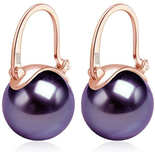 HUGE TOMATO Orecchini pendenti viola, 14mm Eleganti orecchini di perle grandi Chiusura placcata oro rosa in argento sterling 925 per la moda femminile