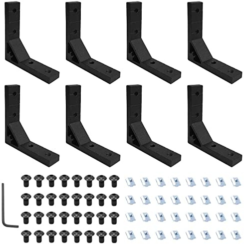 8Pcs 2020 Black Corner Brackets Set with 32Pcs M5 T Slot Nuts, 32Pcs M5x12mm Hex Socket Cap Screw and 1Pcs M3 Wrench for 2020 Series Aluminum Extrusion Profile