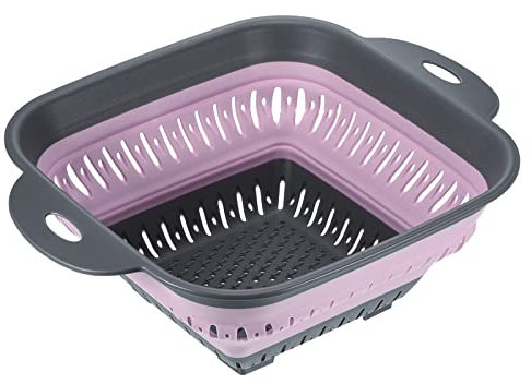 sourcing map Colador plegable de silicona, colador plegable cuadrado con asas, coladores de alimentos de silicona para drenar pasta, patatas, frutas, verduras, color rosa