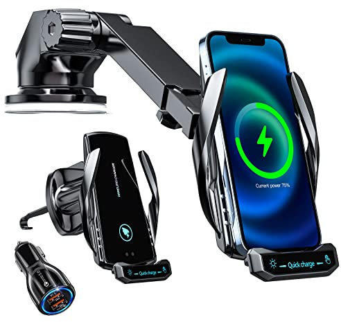 15W Fast Wireless Charger Auto Handyhalterung Mit Ladefunktion Autoinduktionsmotor Induktion Motor Betrieb Qi Ladestation Ladestation Auto Kfz Handy Halterung Auto Lüftung (Schwarz + QC3.0 + Ständer)
