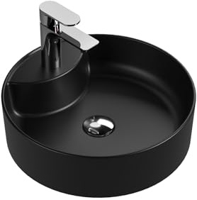 Aqua Bagno | Rundes Aufsatzwaschbecken mit Hahnloch schwarz matt | Keramikbecken, Handwaschbecken | 42 cm breit