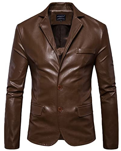 Giacca in Pelle da Uomo Primavera Autunno 2 Bottoni Classic Casual Blazer in Pelle PU Maschile Giacca Stile Motociclista in Morbida Ecopelle Giacca in PU Cappotti Blazer da Lavoro Formale Marrone XXL