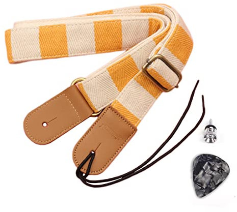 Longteam Einfacher Ukulelengurt aus Leinenleder, verstellbare Länge, langlebig, Ukulelengurte mit Nagel, Seil, Plektren, Gelb gestreift, 1