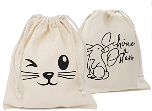 TOBJA Oster- Baumwollbeutel-Set mit süßen Hasenmotiven und Ostergrüßen - 2 Geschenksäckchen Ostern 25 x 30 cm, Osterdeko Schwarz aus 100% Baumwolle (SET02)
