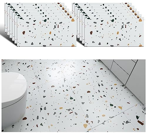 VEELIKE Vinylboden Selbstklebend PVC Bodenbelag Weiss Küchenfliesen Wasserfest Bad Fliesenaufkleber Boden Küche Bodenfliesen Aufkleber Marmor Vinyl Fliesen PVC Fliesen Garage 60cm×30cm 12 Stück