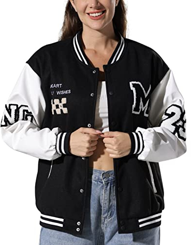 KENAIJING Mujeres Varsity Chaqueta Béisbol Bomber Chaqueta Vintage Unisex Streetwear Abrigos con Patchwork Hipster Utility Tops