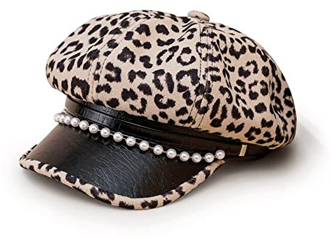 tcax Baskenmütze Damen Leopard Perle Frühling Herbst Frauen Baskenmütze Schattierung Mädchen Persönlichkeit Schirmmütze Ballonmütze, Stil 1,54-58 cm