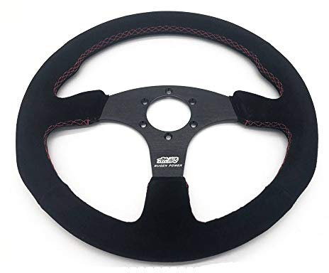 MOEENS Volante Sportivo Auto,Volante A Calice Colore Nero Spoke Scamosciata 14inch Pelle Che corre Il Volante Ruota Rossa Lines Decorazione