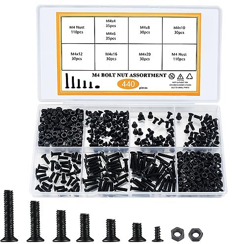 440 Pcs M4 Vis à Tête Fraisée avec Ecrous, Vis à Tête Plate Boulons et Écrous, Assortiment de Boulons Vis à Mécanique à Tête Cruciforme avec Ecrous