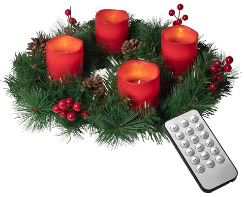 Künstlicher Adventskranz Ø 45 cm mit 4 LED Kerzen aus Echtwachs in rot oder Creme | praktische Fernbedienung mit Timer und Lichtfunktionen | inkl. Kerzenhalter | nadelfrei (Rot)