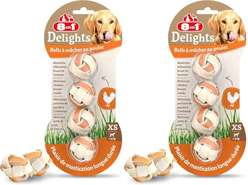 8in1 Delights Chicken Balls XS - gesunder Kausnack für Hunde, hochwertiges Hähnchenfleisch eingewickelt in Rinderhaut, 4 Stück (Packung mit 2)