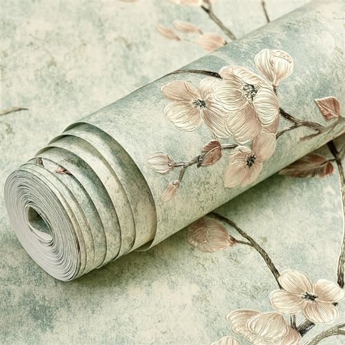 GIBZ Papier Peint Adhesif 3D Vintage Floral Décoration Murale Autocollante Rustique Coloré pour Chambre Mural Meuble Armoire Vert 0.53x5m