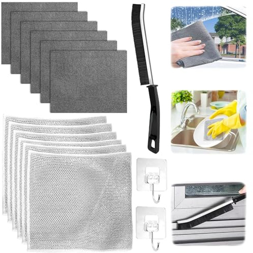 12 Stück Mehrzweck Reinigungstuch-Set,6 Stück Verdicktes Magisches Reinigungstuch und 6 Stück Mehrzweck Geschirrspüllappen aus Draht,Wiederverwendbar Reinigungstuch,Für Küche,Autos,Glas,Topf