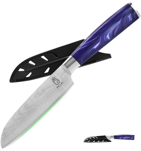 FULLHI Cuchillos Santoku, Cuchillo Japonés Multicolor de 5 pulgadas con funda, Cuchillo de Corte Cuchillo de Cocina de Acero Inoxidable con Guarda (Resina púrpura)