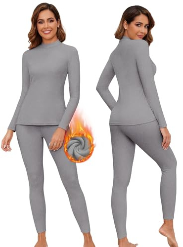 WOWENY Thermounterwäsche Damen Fleece Skiunterwäsche Set Winter Unterwäsche Warm Funktionsunterwäsche Thermo Oberteil mit Stehkragen & Thermohose Leggings für Alltag Skifahren Wandern