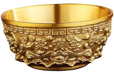HOMOCONO Brass Treasure Bowl Small 8cm Classic Chinese Brass Fortune Basin Geometric Design Golden Tone Home Desktop Decoration Feng Shui Offering Bowl