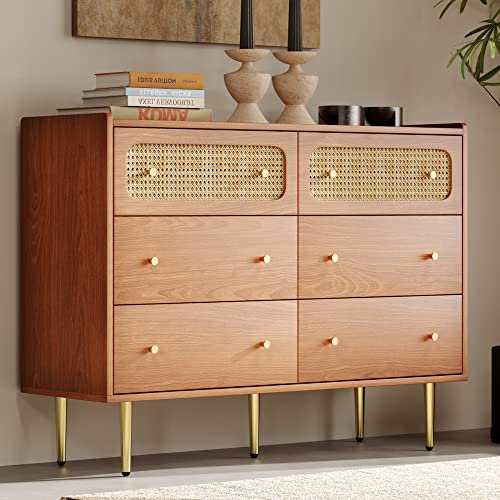 MURUL Schubladenkommode Kommode mit 6 Schubladen, alle Wohnräume & Rattan Sideboard Highboard für Schlafzimmer, Nussbaum -H90/B120/T40 cm