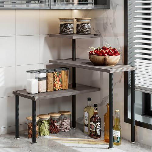Dazioter Corner Shelf Countertop Organizer 3 Tier Kitchen Corner Shelves Adjustable Spice Storage Rack for Bathroom Coffee Area Over Sink (Dark Gray Oak, 3Tier)