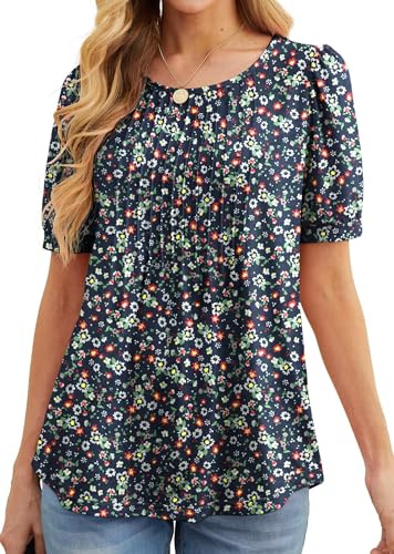 GRECERELLE Dam sommartoppar vardaglig mjuk kortärmad tunika framsida veckad vår rund hals t-shirts lös blus för damer