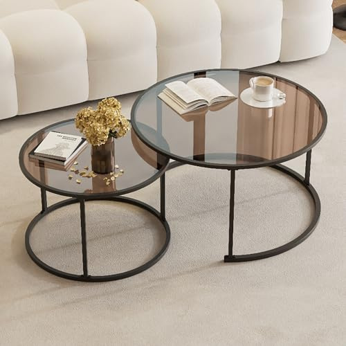 Runder Couchtisch Aus Glas, Couchtisch 2er Set, Center-Couchtisch Für Wohnzimmer, Couchtisch Aus Glas Mit Metallrahmen, Moderner Teetisch, Niedrige Couchtische, Kleiner Teetisch Für Die Wohnung(Black,