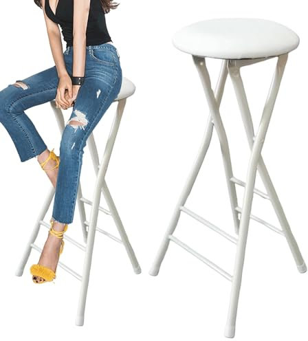 Sgabello da bar alto pieghevole con poggiapiedi, resistente, pieghevole, imbottito, rotondo, per cucina, colazione, 136 kg, bianco, 70 cm