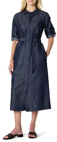 Amazon Essentials Women's Regular-Fit Denim Chambray Long-Sleeve Button-Up Midi Dress, Rinse, Large