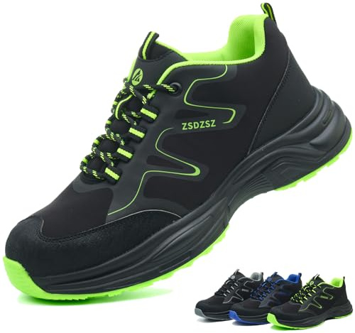 Zapatos de Seguridad para Hombre Mujer Zapatillas Trabajo con Punta de Acero Ligeros Transpirable Calzado de Seguridad Antideslizantes Comodo Zapatos de Trabajo, Verde, 44 EU