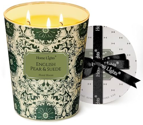 HomeLights Velas de cera de soja para el hogar, perfumadas con aroma a pera inglesa gamuza, de 3 mechas, con texturas naturales bohemias, ideal para aromaterapia, relajante, 34oz