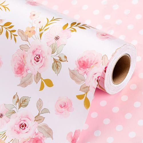 Wikadlik Geschenkpapier mit Aquarell-Rose, 43 cm x 10 m, Mini-Rolle, rosa Blumen und Herzen, Blumenmuster, Geschenkpapier für Valentinstag, Muttertag, Hochzeit