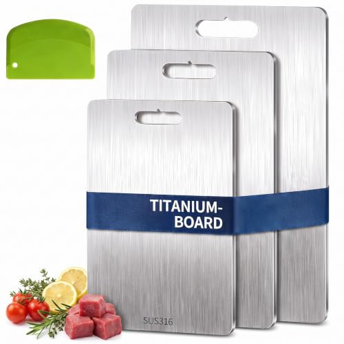 Paquete de 3 tablas de cortar de acero inoxidable, tabla de cortar de titanio para la cocina, doble cara de grado alimenticio para carne, fruta, verduras, etc. con raspador de masa, fácil de limpiar