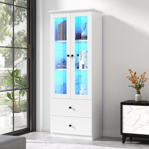 KOMHTOM Vitrine Meuble avec Lumière LED et Dispositif Anti-Bascule, Vitrine Salon avec 2 Porte et 2 Tiroir, Meuble de Rangement Salon, Blanc (B)