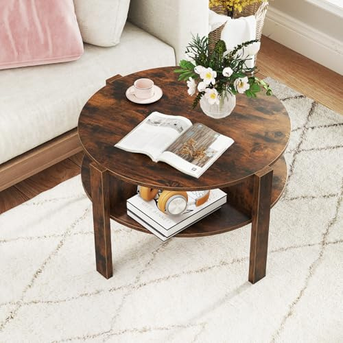 GIANTEX Mesa Centro Redonda de 2 Niveles, 74,5 x 74,5 x 45,5 cm, Mesa de Salón de Madera con 4 Compartimentos Abiertos y Patas Elevadas, Mesita para Dormitorio, Oficina (Marrón)