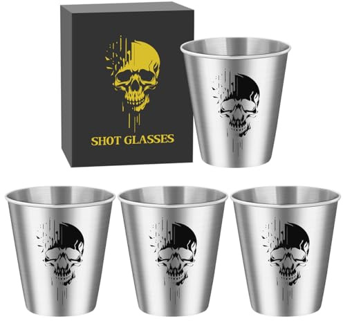 Edelstahl Schnapsgläser, Schwarz Totenkopf, 4er, Schnapsglas, Partybecher | Kleine Schnapsgläser, 4 Stück, 70ml, Stapelbar Trinkbecher, mit Geschenkbox, Vatertagsgeschenk, Geschenke für Gothic-Fans