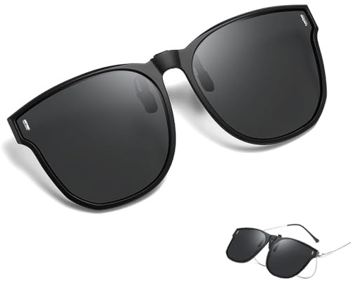 Wnddle Sonnenbrille zum Anklippen über verschreibungspflichtigen Brillen, Sonnenbrille Zum Aufstecken Polarisiert Clip Damen, für Myopie Brille im Freien/Fahren/Angeln, für Männer und Frauen (Schwarz)
